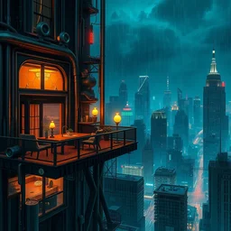steampunk hacker penthouse above a cyberpunk city in a rainy night, wallpaper 3 d pixar disney digital cgi rtx hdr painting bioluminance alena aenami artworks in 4 kby jesper ejsing, feng zhu and loish beeple, by thomas kinkade