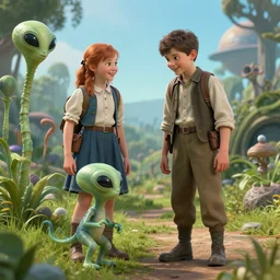 a girl and a boy standing next to some alien plants, looking happy, wearing civil war era clothes, they are playing with their small pet alien creature, in a park on a alien planet, extremely high details, ultra realistic facial details, hyper realistic, ultra detailed, ultra photorealistic raytracing, octane, 8k