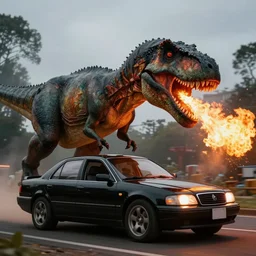stock footage black car driven by huge dinosaur breathing fire