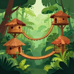 vector graphics art of a jungle with treehouses connected by curved wooden bridges