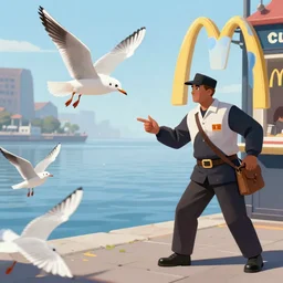mcdonald worker being attacked by seagulls