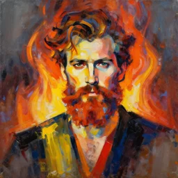 abstract painting of hansome bearded man on fire, by craig mullins, featured on artstation. Portrait.