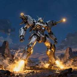 armored core v by liam wong, booster flares, legs, laser rifles, karst landscape, ; wide shot, outdoor, dark blue sky, cloud, wilderness ground, golden time, twilight ; digital oil painting, high contrast, dynamic backlighting, sharp edge, motion blur, photoreal, cinematic,