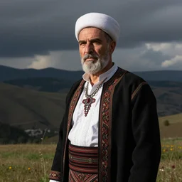 buba corelli in traditional bosnian clothing including fez, photorealistic