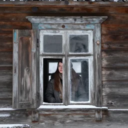 girl in old wood house window, winter, photo realism