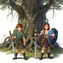 mouse guards - boy and girl with sword and shield, male, tall root tree background, concept art, by greg rutkovski