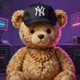detailed photorealistic painting of cyberpunk teddy bear wearing gold chains gangster pimp hat from the 8 0 s vibe rap music video