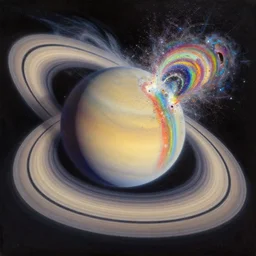 new pictures from NASA; saturns rings falling onto itself and exploding into a rainbow glitter wormhole, viewed from afar with very pretty tones inspired by the best oil paintings there are