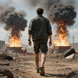 a one legged man walking away from a nuke with sun glasses on, highly detailed, mega detailed,
