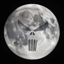 wide angle view of the moon with punisher symbol embossed in the form of a lunar crater