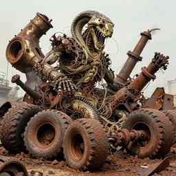 movie still of chromed rusty noodle tires, snake skinned, intricately macerated by age, sentient, dethroned goliath machines, blood turbines, hydrocracking, wrecking epic battle, rusted, macerated, eviscerated by fimbria wires, bicornate fungal pit, brass sheen rotting, by alberto bontempi, jack kirby, alex ross, shi