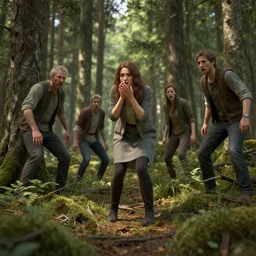 clearing in forest, frightened woman by johannen voss by david cronenberg by francis bacon by peter kemp by octane render blender 8 k