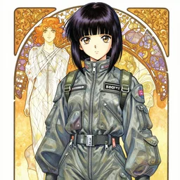 a copic maker manga portrait illustration by yoshiyuki sadamoto and alphons mucha sakimichan of an anime girl highly detailed anime eyes wearing streetwear pilot suit lots of zippers, pockets, synthetic materials, jumpsuits by issey miyake and balenciaga 8 k