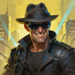an intimate portrait of a gnarly human cyberpunk captain, old skin, faded fedora, charming, strong leader, visor, a look of cunning, big smile, detailed matte fantasy painting, golden cityscape, lasers, chains, sparks, yellow and blue and cyan