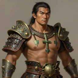 tai warlord, closeup portrait, historical, ethnic group, traditional costume, bronze thai 👑, leather shoulder armor, fantasy, intricate, with dong son bronze artifacts, beads cross onbare chest, elegant, loin cloth, highly detailed, oill painting, artstation, concept art, matte, sharp focus, illustration, hearthstone, art by earl norem