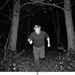 black and white trail camera footage of boris johnson running through a forest at night