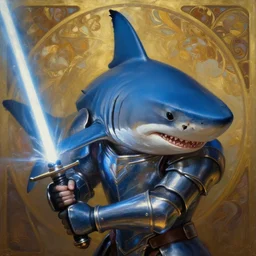 beautiful oil matte portrait painting, blue thresher shark wearing plate armor, shark head, holding a lightsaber, fantasy, wonderful masterpiece highly detailed, scifi, beautiful cinematic light deep focus, elegant, digital painting, smooth, sharp focus, golden ratio, dramatic illumination, ultra realistic, 8 k, art by ilya kuvshinov, artgerm, alphonse mucha, and greg rutkowski