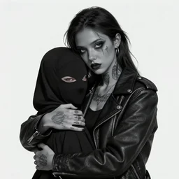 Hot young woman, grey skin, void eyeballs, tattoos, wearing a leather jacket, hugging a shrouded and masked person to her chest concept art, 8k