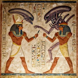 egyptian men fighting a [ xenomorph ] [ giger ] [ alien ] from movie aliens painted on highly intricate ancient egyptian mural art, with many hieroglyphs