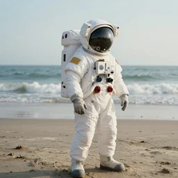 a beautiful photo of an astronaut on the beach in the summer, 1 9 7 0, soft light, morning light, photorealistic, realistic, octane, 8 k, cinematic shot