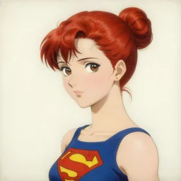 a cool red - bun - haired anime girl. she is dressed as a superhero. clean elegant painting, beautiful detailed face. by artgerm and greg rutkowski and alphonse mucha