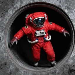 red astronaut climbing out of a vent