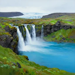 painting of iceland landscape with a blue glacier lake and a waterfall, green moss and black rocks and black sand, a detailed matte painting by christophe vacher, matte painting, ultra detailed, matte drawing