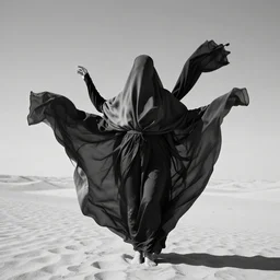 draped flying fashion clothes around human face, face entirely covered, black and white, in the desert