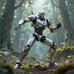 cinematic wide portrait of cyborg wearing a sci - fi silver exoskeleton, rule of thirds, action pose, beautiful forest landscape in background, fantasy, sci - fi, cyberpunk - style, artgerm and greg rutkowski, 8 k, octane, intricately detailed, highly detailed, trending on artstation