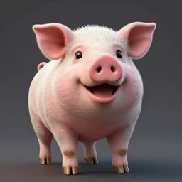 studio photograph of a smiling pig depicted as a muppet wearing a gold crown eating from a snack bag with a yellow background, front view