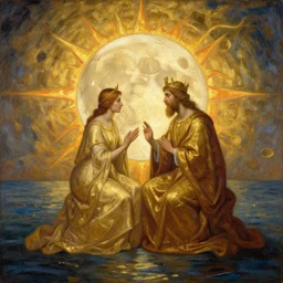 The alchemical wedding of the moon and sun, in an ocean of gold, by the great Russian painter Albert Herter, rendered as matte painting on photorealistic canvas