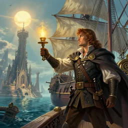 concept art of a swashbuckler holding a candle holder discovering a sunken city, wearing a cape, grand ship, highly detailed, digital art, illustration, artstation, very detailed, 4 k