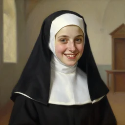daily life portrait of a beaming young nun inside a convent. highly detailed painting. art by artgerm and greg rutkowski
