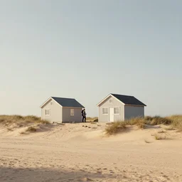 a couple of small houses sitting on top of a dusty beach, a digital rendering by christian hilfgott brand, featured on dribble, photorealism, rendered in unreal engine, vray tracing, physically based rendering