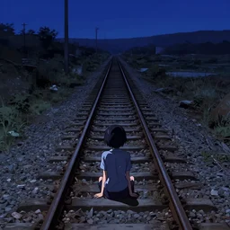 anime girl with short black hair, sits on an abandoned railway track leading to the end of the world, at midnight, clear sky, view from above, digital concept art illustration by akihiko yoshida and jean baptiste monge and makoto shinkai and wlop and and tsutomu nihei and wadim kashin, 4 k artstation