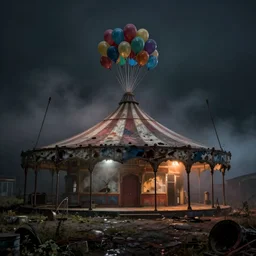 abandoned circus at night, gloomy and foggy atmosphere, colorful balloons, octane render, rembrandt, cgsociety, artstation trending, horror scene, highly detailded
