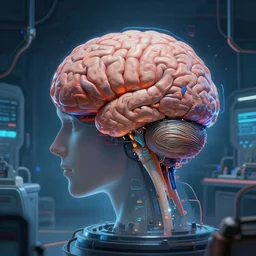 A human brain in a cyberpunk research lab, masterpiece digital painting by Greg Rutkowski, Alex Grey, artstation, 4k wallpaper