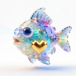 megalophobia ultra detailed giant glowing rainbow crystal fish with laser eyes and a heart of gold