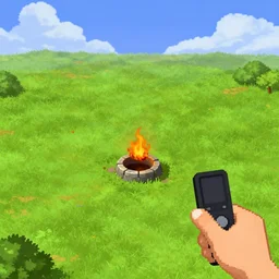 empty grass field with a burned small stone well in the center, at midday, from a point and click 2 d graphic adventure game, art inspired by thomas kinkade, king's quest, sierra entertainment games
