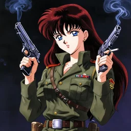 portrait of beautiful anime woman in military outfit holding two pistols and smoking a cigarette, dark red hair and blue eyes, 9 0 s style anime, style of perfect blue, style of madhouse anime manga, dark vibes, space western, cowboy bebop aesthetic
