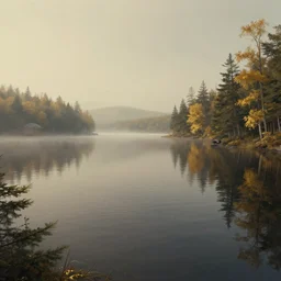 a retrowave style artwork of lake winnipesaukee national park, a land of the dead, divine, hazy, volumetric lighting, spacetime bending, very detailed, serene, gold accents, washed out colors, beautiful artwork, master level composition, raytracing