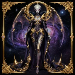 full body pose of a beautiful alien woman in a galaxy drawn by q hayashida, insanely detailed, golden ratio, hypermaximilist, elegant, ornate, luxury, elite, space horror, creepy, haunting, h 7 6 8