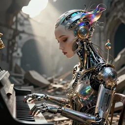 a robot plays the piano in the ruins, female face, cyberpunk cyborg, sci - fi, intricate abstract upper body intricate artwork, by tooth wu, wlop, beeple, dan mumford. concept art, octane render, deviantart, greg rutkowski, cinematic arthouse, key art, hyper realism, iridescent accents