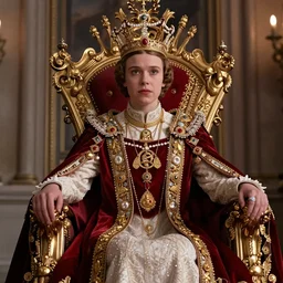 regal millie bobby brown from stranger things sitting on queens throne royalty wearing royal mantle gold jewelry by alex ross