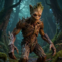 hyper realistic photographie of a highly detailed horrible and cruel creature made of wood, by night. groot, magical forest background. complex and highly detailed, no noise, no grain, clear render, no blur, horror movie scene, octane render, greg rutkowski style.