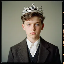 kodak portra 4 0 0, 8 k, highly detailed, britt marling style 3 / 4 photographic close, medium format, press award winning portrait of a handsome boy with a silver crown, up face with 1 9 2 0 s hairstyle, 1 9 2 0 s clothing style, asymmetrical, hasselblad x 1 d - 5 0 c, 1 0 0 mm f 1. 8, soft light