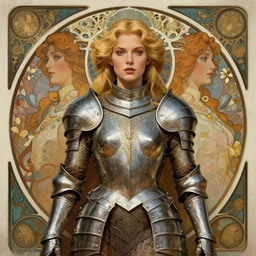 masterpiece symmetrical centered portrait, Imogen Poots as a D&D paladin, blonde hair, intricate metal armour, Art Nouveau, beautiful retro Fantasy heroine 1985, intricate, elegant, highly detailed, centered, digital painting, trending on artstation, concept art, smooth, sharp focus, illustration, art by raphael lacoste, eddie mendoza, Mucha, alex ross, WLOP