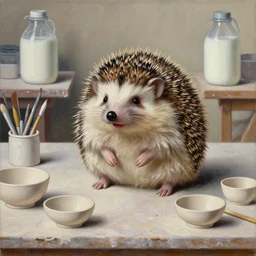 painting of a happy hedgehog on a table in a ceramic workshop, surrounded by ceramicists tools and unfinished bowls, oil painting, northern renaissance art, oil on canvas, wet - on - wet technique, realistic, intricate textures, illusionistic detail, lots and lots of gallons of milk