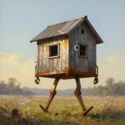 a walking wood and metal house with two mechanical legs and two eyes, rust, hyperrealistic, highly detailed, cinematic, single ray of sun, morning, pareidolia, beautiful, cgssociety, artstation, 8 k, oil painting, digital art