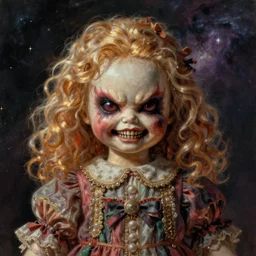 photo of a cosmic doll with a terrifying and threatening face, horror surreal art